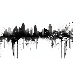 Grunge city skyline with monochrome ink dripping from black dark skyscraper silhouette buildings in a metropolis busy capital city