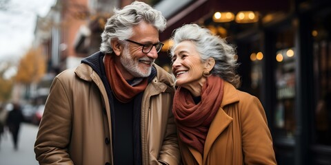 Fototapeta na wymiar Joyful Elderly Couple Embracing Happily in Bustling City Setting. Concept Elderly Love, City Embrace, Joyful Moments, Urban Photography, Happy Couples