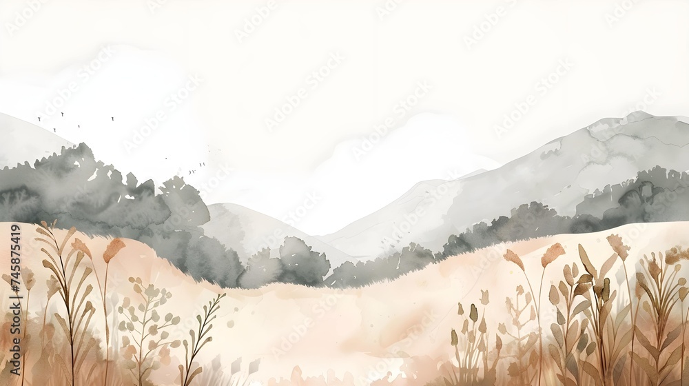 Wall mural watercolor neutral minimalist landscape illustration