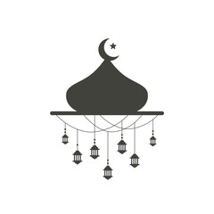 Simple hanging Arabic traditional Ramadan Kareem lantern on Mosque dome. Eid Fitr or Adha Mubarak lamp Greeting crescent moon and star symbol Outline line icon Vector Illustration