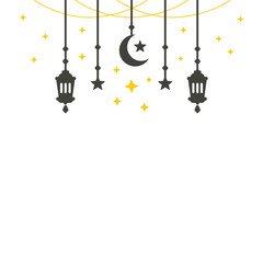 Simple hanging Arabic traditional Ramadan Kareem lantern. Eid Fitr or Adha Mubarak lamp Greeting crescent moon and yellow stars symbol Outline line icon Vector Illustration
