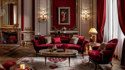 Fototapeta na wymiar Interior adorned with delicate red colors, where subtle accents and refined details evoke a sense of timeless beauty and sophistication, creating a luxurious and inviting space for relaxation
