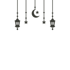 Simple hanging Arabic traditional Ramadan Kareem lantern. Eid Fitr or Adha Mubarak lamp Greeting crescent moon and star symbol Outline line icon Vector Illustration