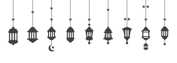 Simple hanging Arabic traditional Ramadan Kareem lantern collection set. Eid Fitr or Adha Mubarak lamp Greeting crescent moon and star symbol Outline line icon Vector Illustration