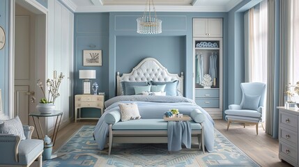 Women's room interior adorned with calming blue hues, where balanced proportions and thoughtful decor choices create a harmonious and serene space for rest