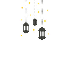 hanging Arabic traditional Ramadan Kareem lantern. Eid Fitr or Adha Mubarak. Simple Greeting banner card with lamp stars symbol Outline line icon Vector Illustration