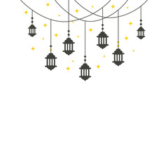 Ramadan Kareem and Eid Mubarak Arabian lanterns lamps for Muslim Islam holiday greeting card with gold stars. Outline line vector illustration background