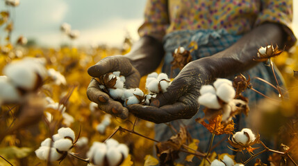 Hands holding cotton bolls in a field. Organic farming and natural textile concept. Design for eco-friendly brand, product brochure