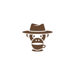 Monkey with hat and cup of coffee logo design.