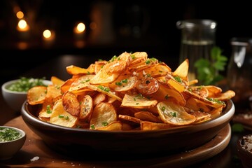 Superior view of delicious homemade chips on a brown dish over gray background, generative IA