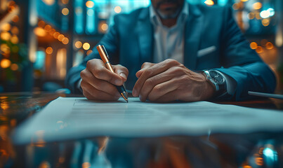 Close-up of businessman signing a document. Corporate and legal agreement concept with focus on hand and pen. Design for banner, corporate website header - obrazy, fototapety, plakaty