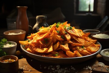 Superior view of delicious homemade chips on a brown dish over gray background, generative IA