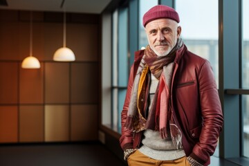 Portrait of a stylish senior man in a red hat and scarf.