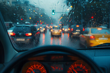 View from driver seat traffic jam in metro city on a bad weather raining day - obrazy, fototapety, plakaty