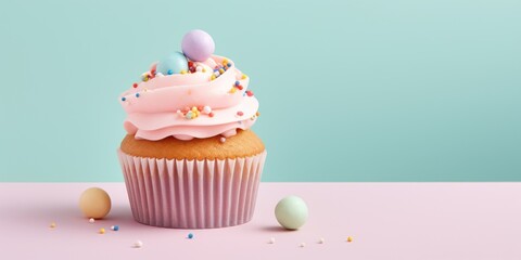 Easter cupcake with icing and Easter eggs on pastel pink and blue background. Greeting card. Banner. Copy space. Easter celebrations.