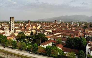 Fototapeta na wymiar Aerial view of the walled town of Lucca in Tuscany, Italy