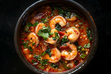 Top View of Tom Yum Goong: Thai Cuisine on a Black Background. Concept Thai Cuisine, Tom Yum Goong, Top View, Black Background, Food Photography