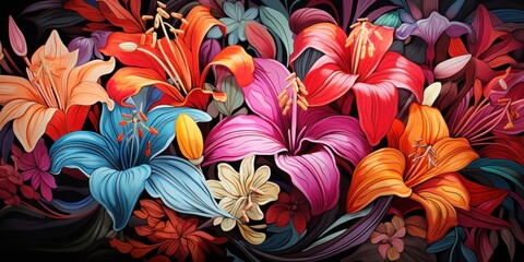 Colorful Flowers Painting on Black Background Generative AI