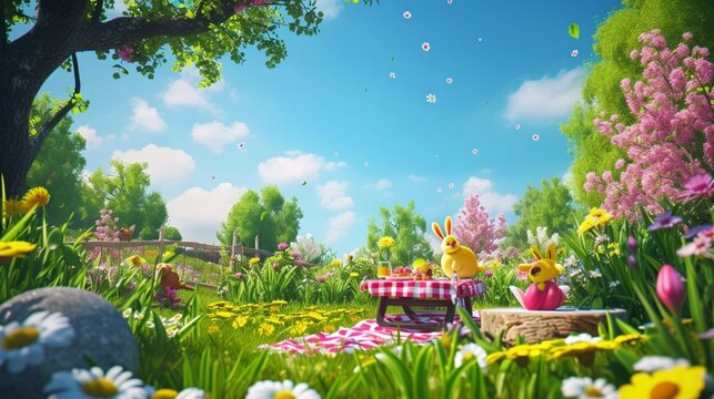 A whimsical world where classic cartoon characters gather for a colorful picnic in a lush meadow, complete with vibrant flowers, animated critters, and a clear blue sky.
