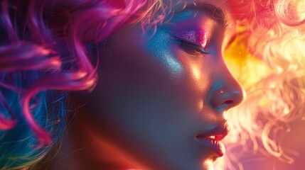 Illustrate the synergy between colorful hair and makeup trends, creating a complete look that defines modern beauty