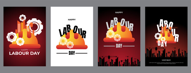 labour day poster design set with helmet and a city silhouette. vector illustration