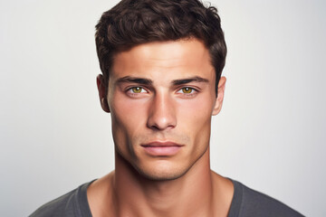 Obraz premium close-up portrait of male model on light background, head shot handsome brunette man with brown eyes