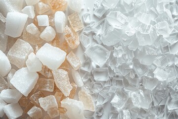 Zoomed in view of salt and sugar crystals contrasting shapes and textures microscopic