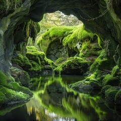  The serene green of a moss covered grotto a hidden retreat from the world