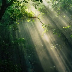Sunlight filtering through a dense green canopy in a virgin forest mystical and untouched