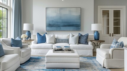 Harmony of an interior adorned with serene blue colors, where balanced proportions and thoughtful design choices create a harmonious and inviting space for rest, relaxation, and rejuvenation