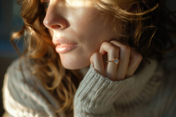 Portrait of beautiful woman posing with engagement ring on ring finger in sunlight shadows. Wedding concept banner.