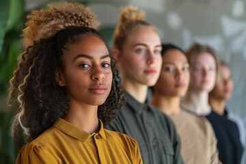 Obraz premium A young woman in yellow stands out in a sharp focus with a group of peers in soft focus behind her