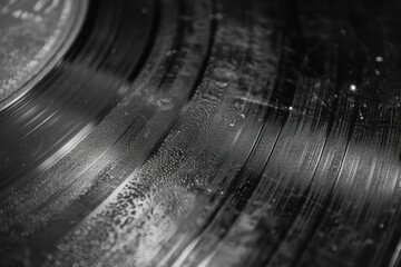 the surface texture of a vinyl record under high magnification showing grooves and dust particles