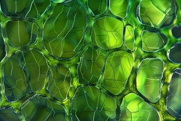 the intricate network in a leaf chlorophyll cells under a microscope vibrant green hues - obrazy, fototapety, plakaty