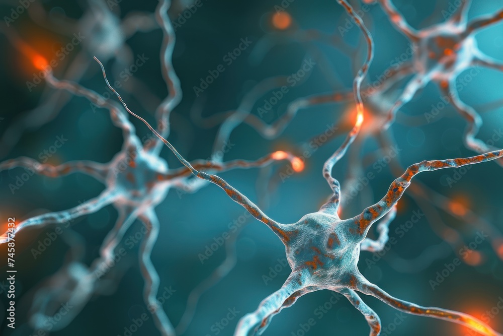Poster a neuron network under a microscope highlighting synaptic connections for neurological studies