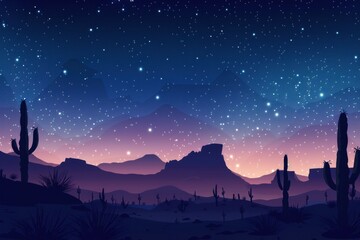 watercolor of Starry night sky over a desert with cactus silhouettes peaceful nature landscape