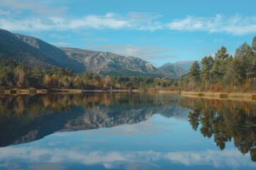 Fototapeta na wymiar Serene lake reflecting the surrounding mountains calm and peaceful nature landscape