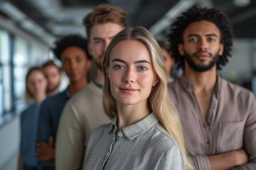 Fototapeta premium Portrait of a confident young woman with diverse group of people blurred in the background