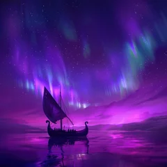 Schilderijen op glas Purple aurora borealis over a Viking longship majestic and historical © Nisit