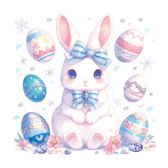 cute clipart of a little baby easter bunny rabbit with fluffy fur between easter eggs with diamonds and pearls