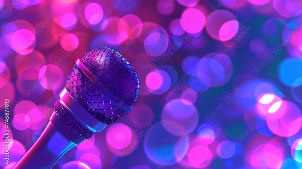 Poster close-up of microphone with vibrant bokeh light backdrop.