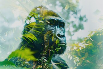 A gorilla overlaid with the lush greenery of a tropical rainforest in a double exposure 