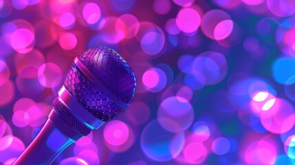 Fototapeta na wymiar Close-up of microphone with vibrant bokeh light backdrop.