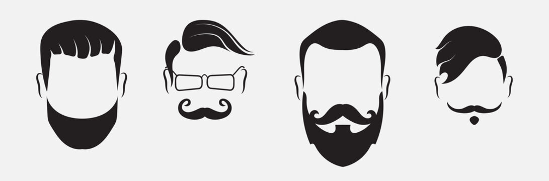 Set of bearded men silhouette faces hipster style with different haircuts. Long beard with facial hair man. Handsome man symbolizes the icons. Vector illustration