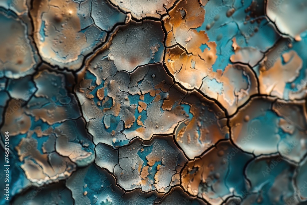 Poster macro image of metallic surface at a microscopic level showing oxidation patterns and texture indust