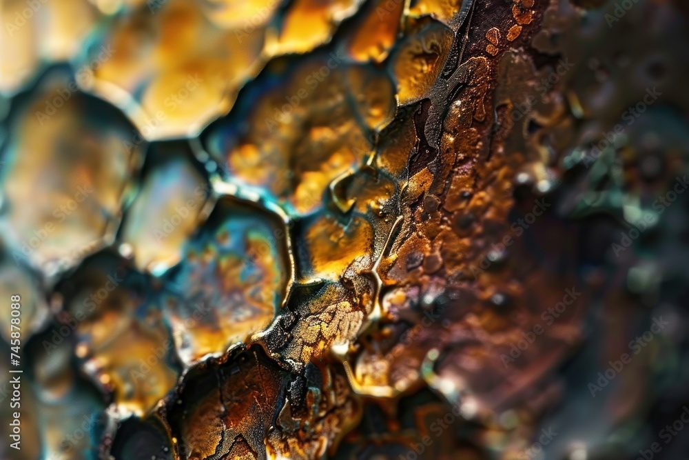 Poster macro image of metallic surface at a microscopic level showing oxidation patterns and texture indust