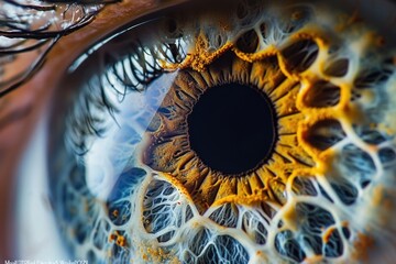 Macro photo of a human iris revealing intricate patterns and the unique coloration of the eye