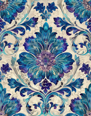 Elegant floral wallpaper pattern with shades of blue and purple on a weathered background.