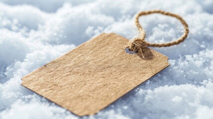 A rustic paper tag on a string lies on fresh snow, offering a blank canvas for personal messages.