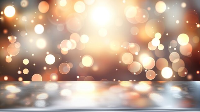 A warm, festive bokeh effect with a glow that radiates over a reflective surface, invoking a celebratory mood.